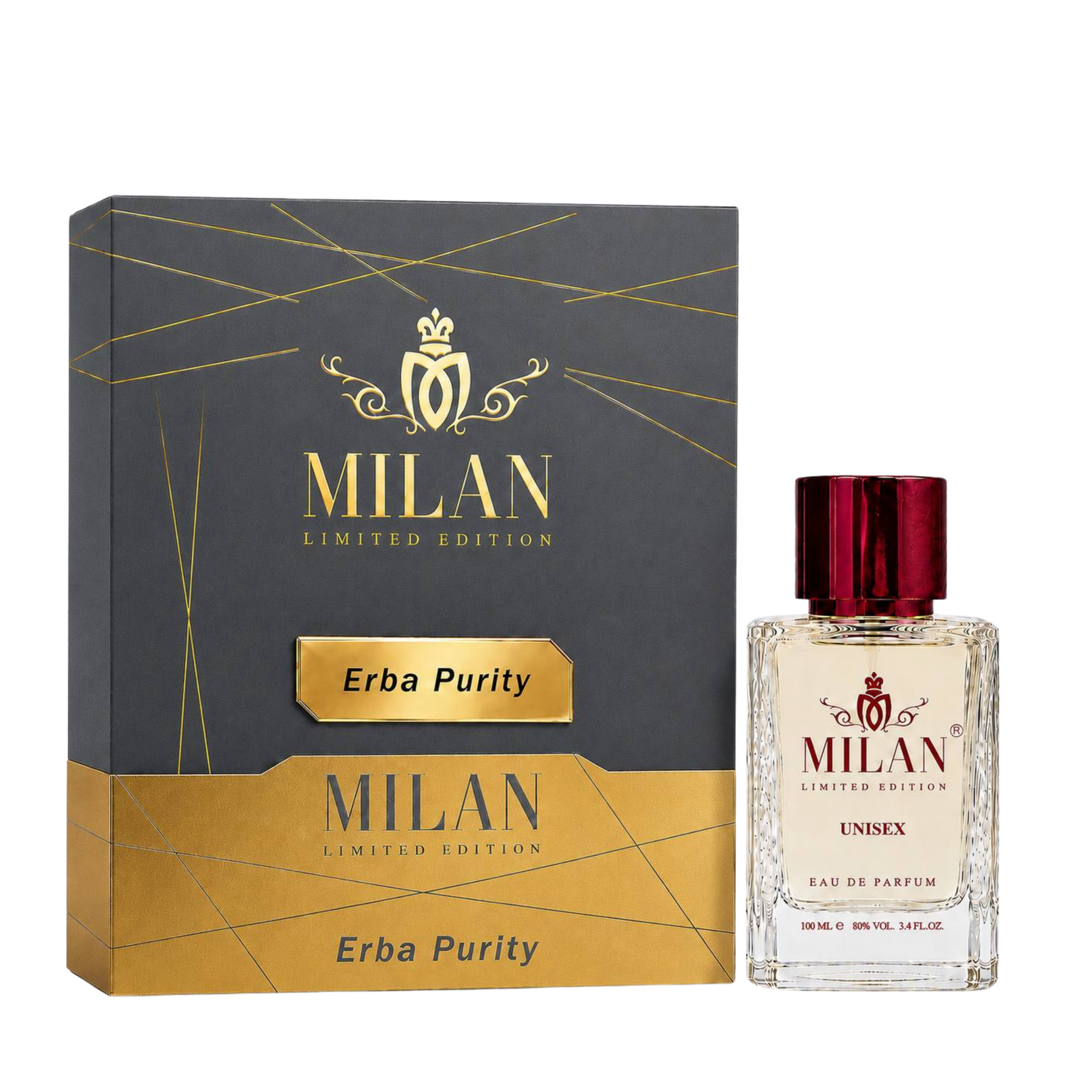Milan Erba Purity apa de parfum unisex 100 ml flacon frontal cu lichid galben-chihlimbar și capac auriu pe fundal premium.