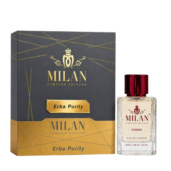 Milan Erba Purity apa de parfum unisex 100 ml flacon frontal cu lichid galben-chihlimbar și capac auriu pe fundal premium.