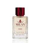 Detaliu flacon Milan Erba Purity apa de parfum unisex evidențiind eticheta aurie și capacul metalic texturat pe fundal cinematic.