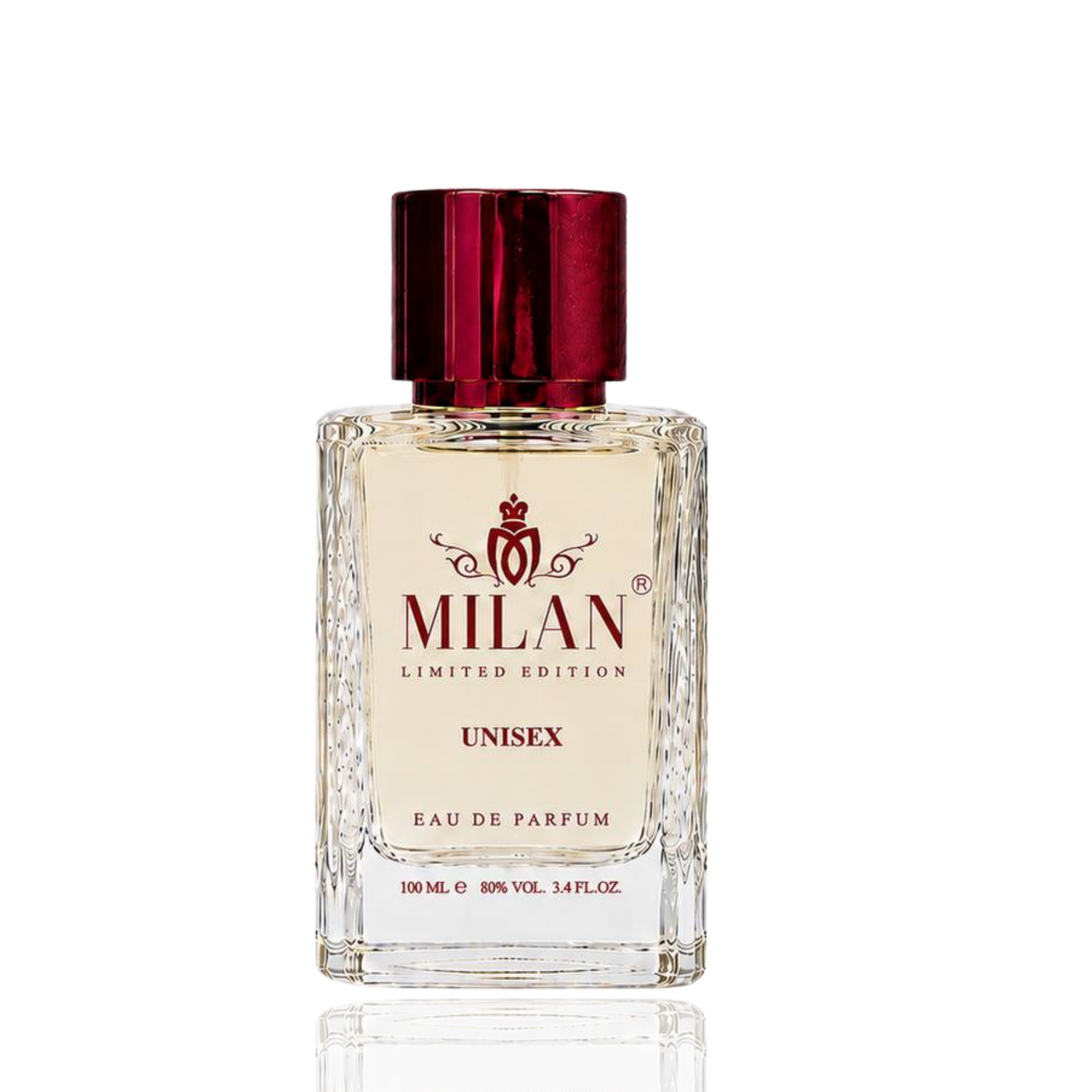 Detaliu flacon Milan Erba Purity apa de parfum unisex evidențiind eticheta aurie și capacul metalic texturat pe fundal cinematic.