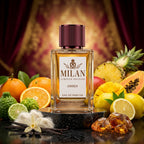 Milan Erba Purity apa de parfum unisex prezentat alături de portocale, bergamote, lămâi și mosc alb.