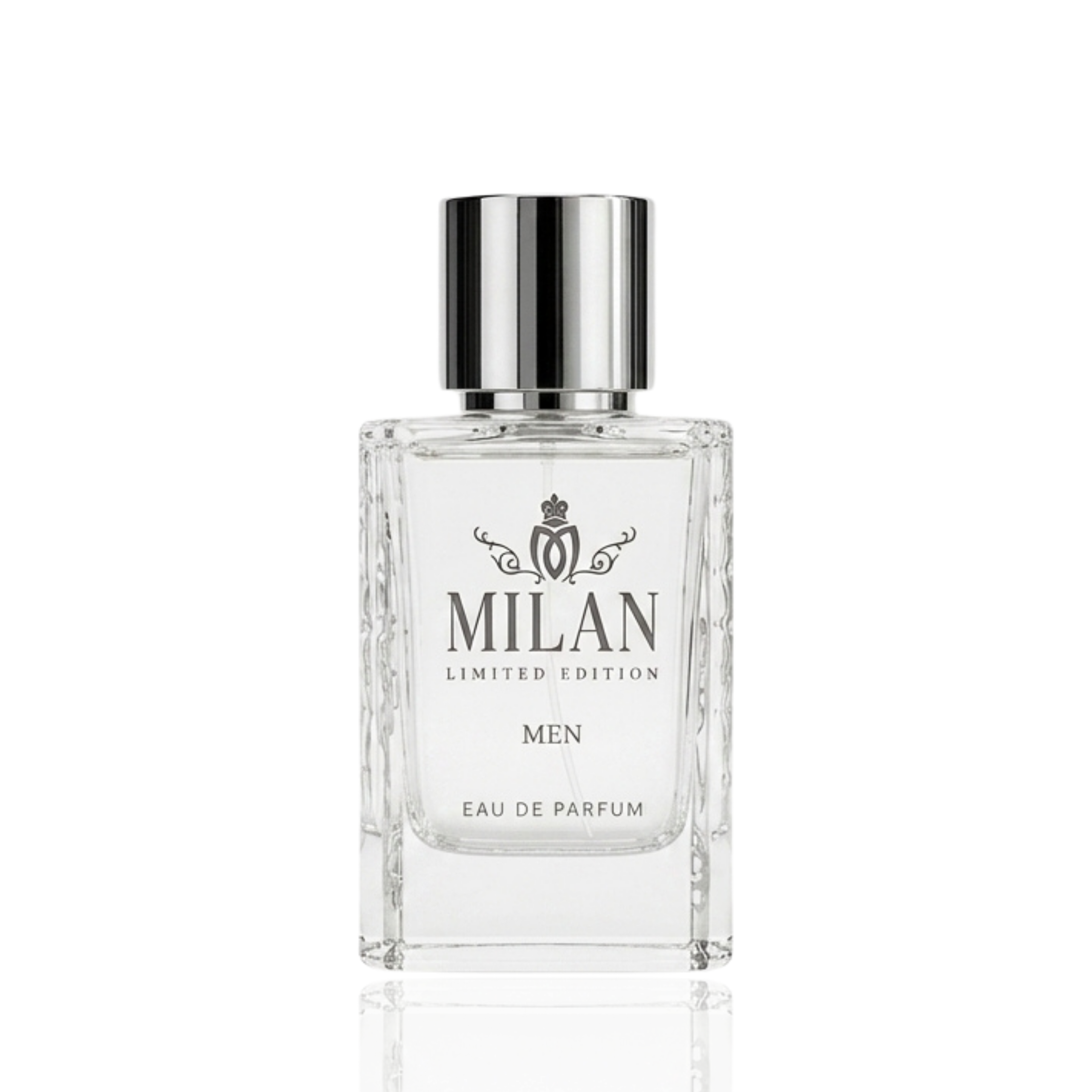 Detaliu flacon Milan Essence 13 Limited Edition apa de parfum, evidențiind textura sticlei și capacul cu dungi verticale.