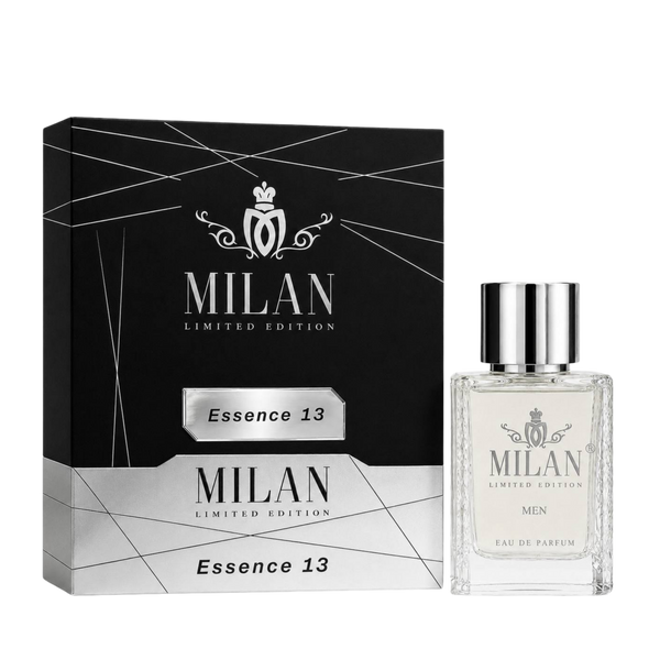 Milan Essence 13 Limited Edition apa de parfum masculin, flacon frontal de 100 ml cu design minimalist și capac argintiu.