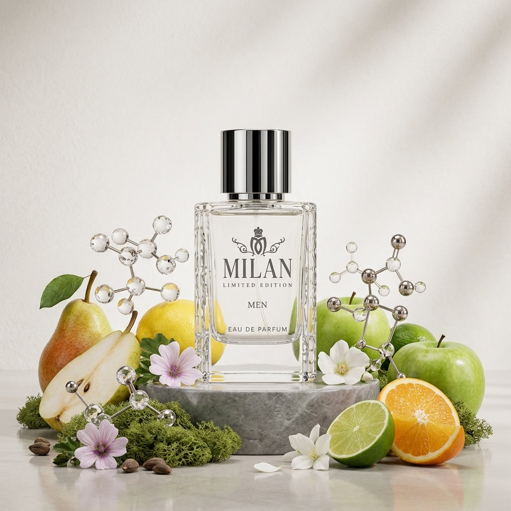 Milan Essence 13 Limited Edition apa de parfum original prezentat alături de felii de pară, măr verde, citrice și mosc.
