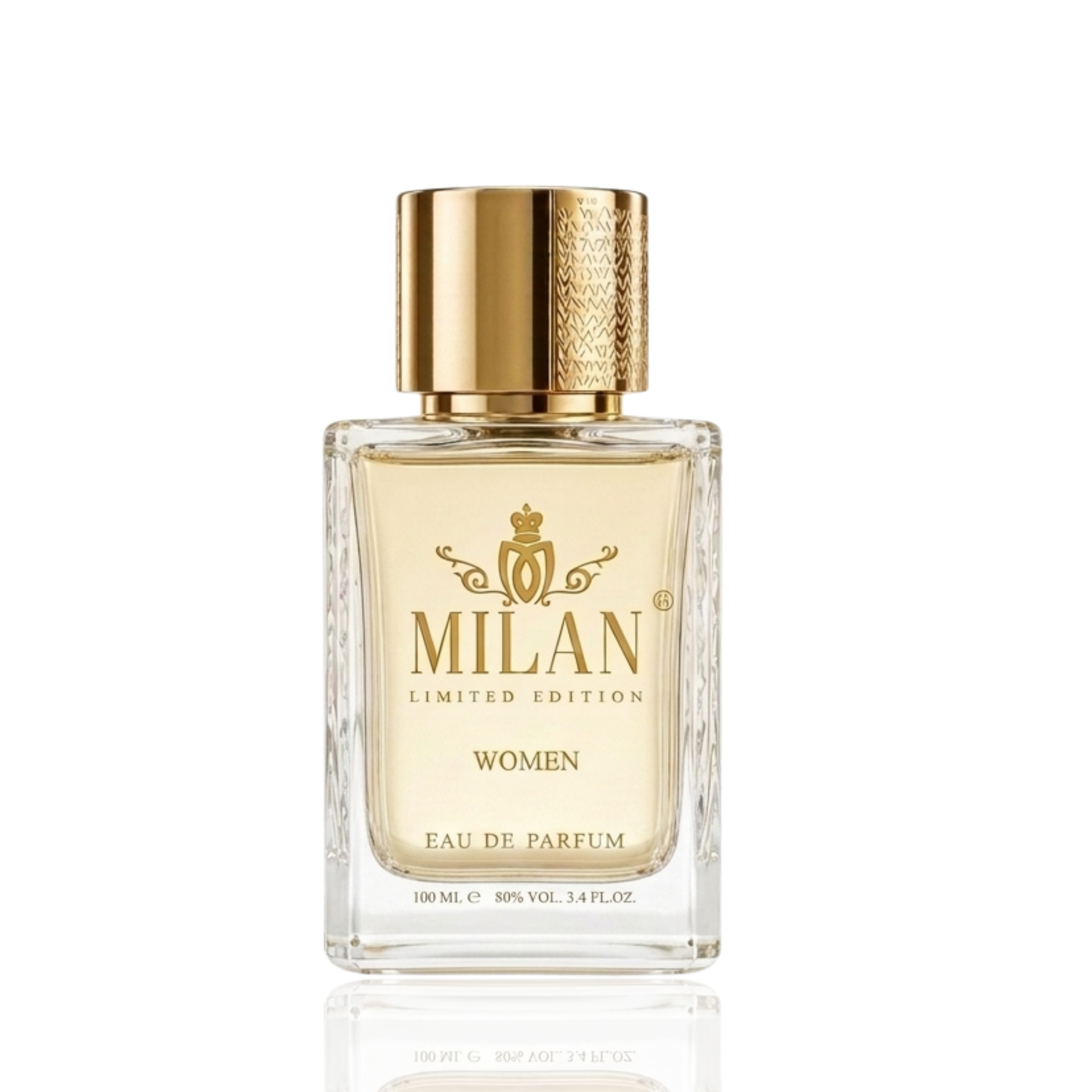 Detaliu flacon Milan Eternal Paradox Limited Edition apa de parfum, evidențiind textura sticlei și capacul auriu elegant.