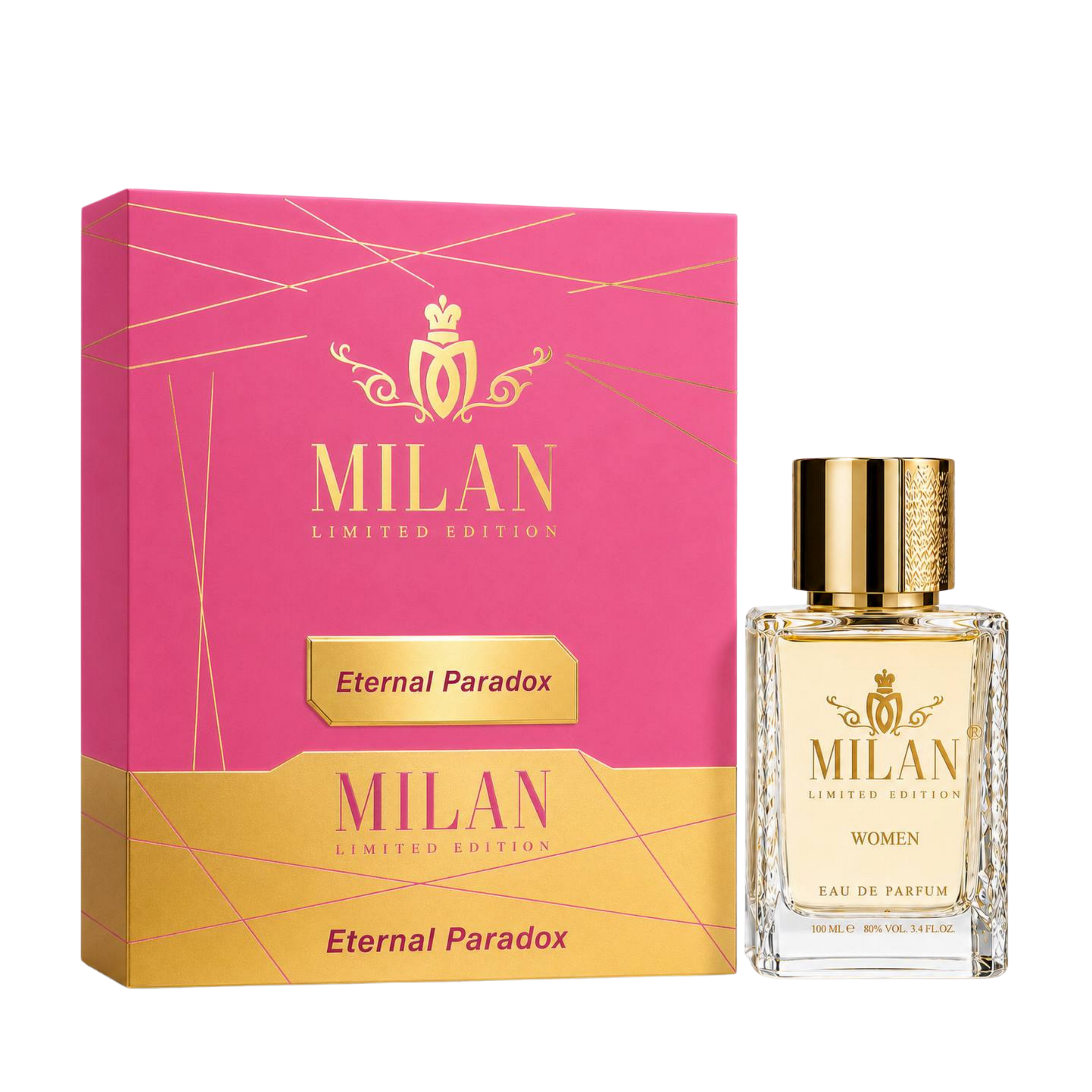 Milan Eternal Paradox Limited Edition apa de parfum unisex, flacon frontal de 100 ml cu design elegant și detalii aurii.
