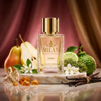Milan Eternal Paradox Limited Edition apa de parfum original prezentat alături de pară, neroli, iasomie și vanilie Bourbon.