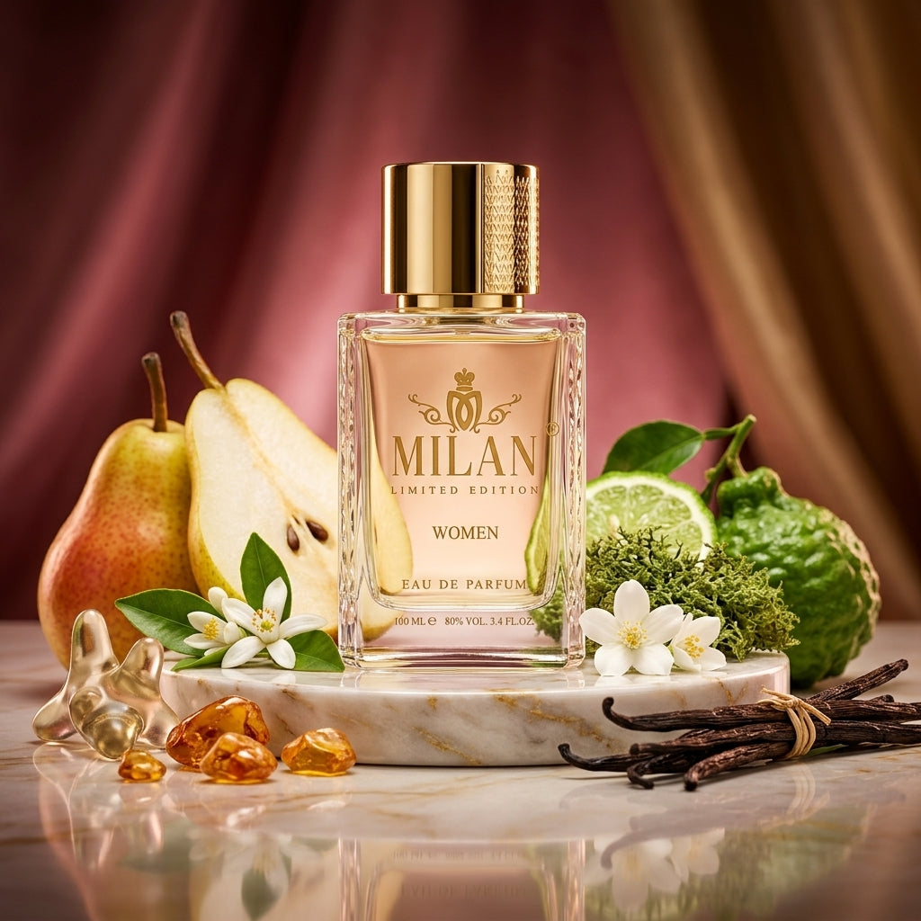 Milan Eternal Paradox Limited Edition apa de parfum original prezentat alături de pară, neroli, iasomie și vanilie Bourbon.