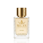 Detaliu flacon Milan Flower Bang Limited Edition apa de parfum, evidențiind textura sticlei și capacul auriu gravat.