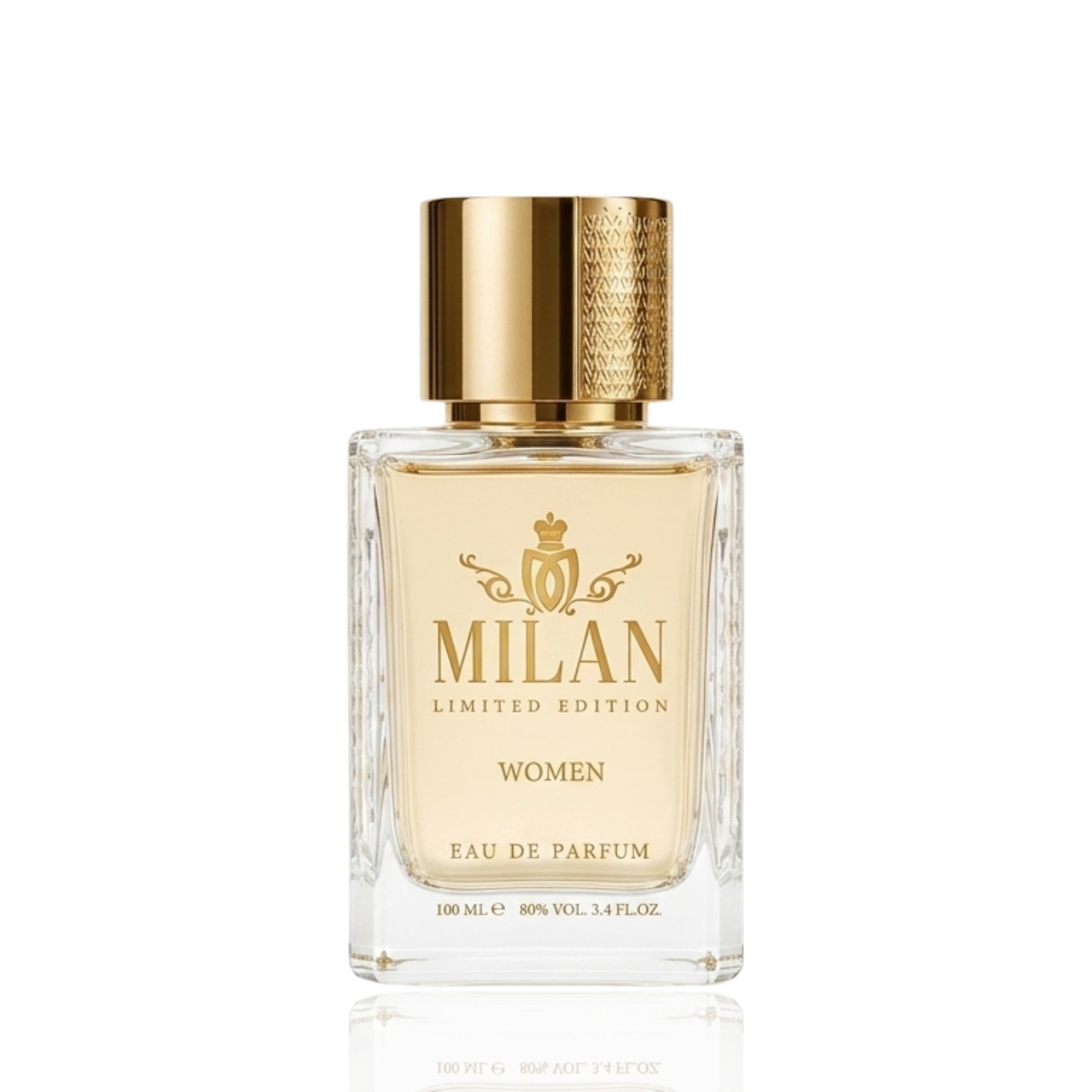 Detaliu flacon Milan Flower Bang Limited Edition apa de parfum, evidențiind textura sticlei și capacul auriu gravat.