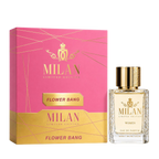 Milan Flower Bang Limited Edition apa de parfum feminin, flacon frontal de 100 ml cu design elegant și detalii aurii.