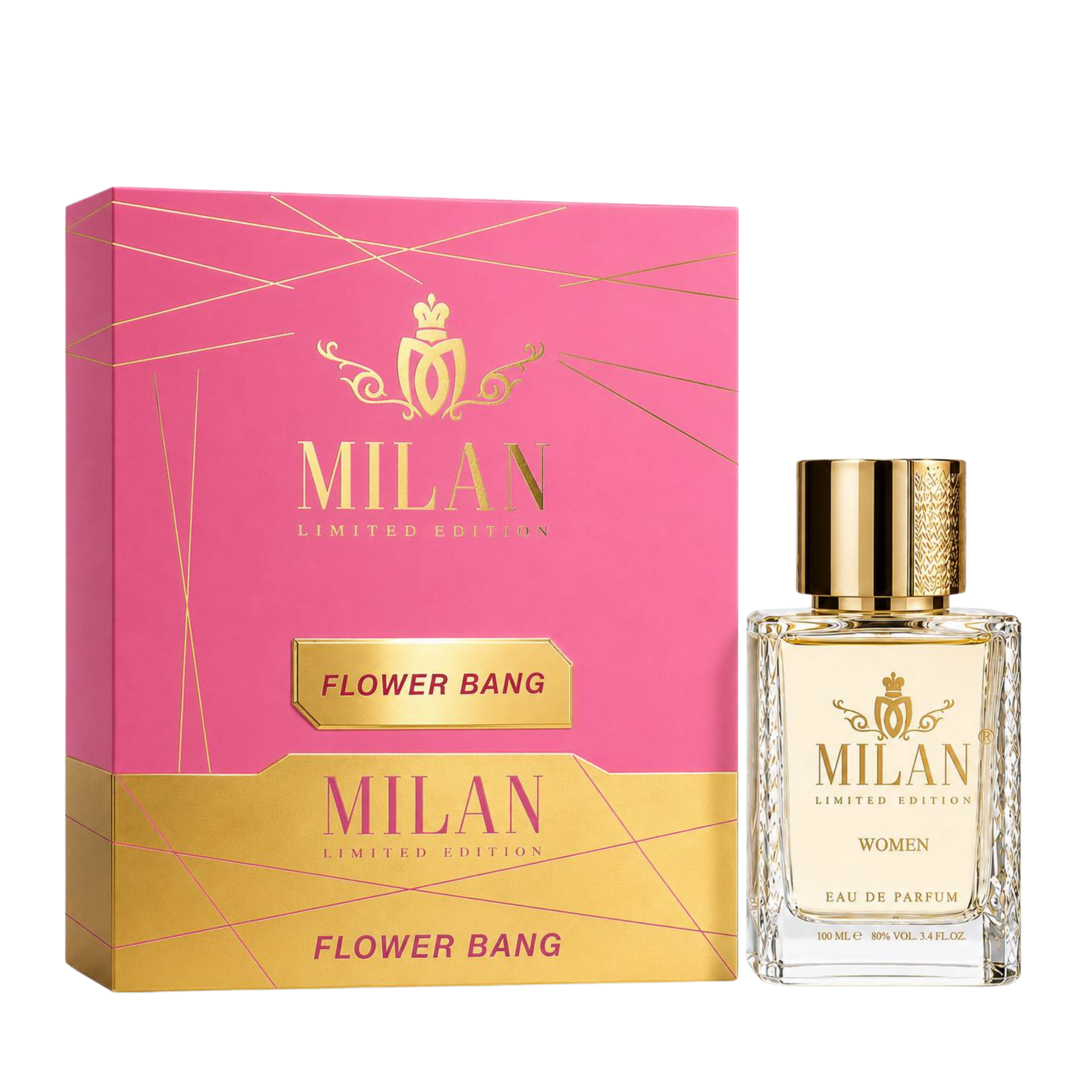 Milan Flower Bang Limited Edition apa de parfum feminin, flacon frontal de 100 ml cu design elegant și detalii aurii.