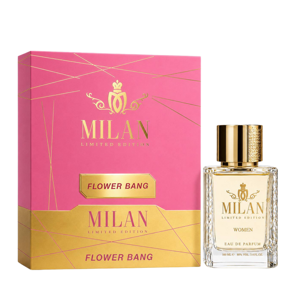 Milan Flower Bang Limited Edition apa de parfum feminin, flacon frontal de 100 ml cu design elegant și detalii aurii.