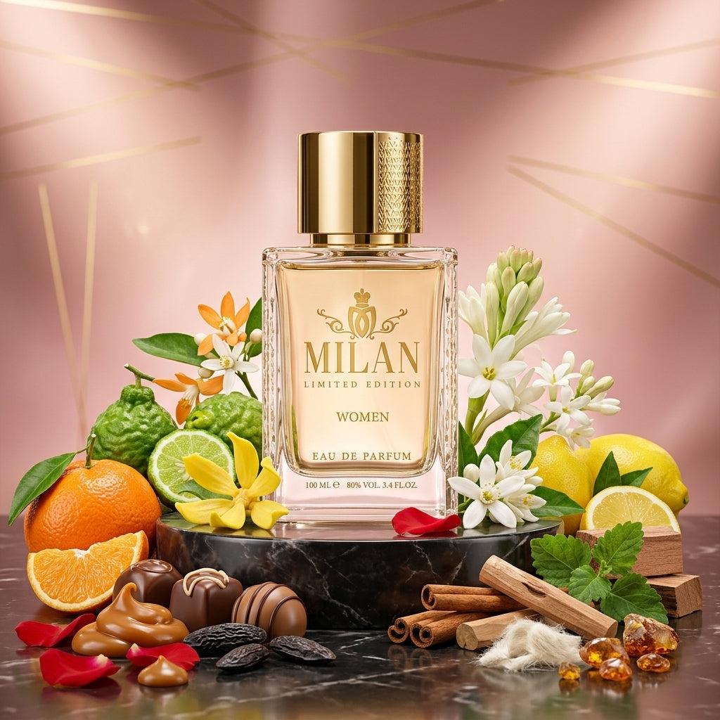 Milan Flower Bang Limited Edition apa de parfum original prezentat alături de tuberoză, ylang-ylang, praline și scorțișoară.