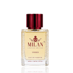 Detaliu flacon Milan Hayati Rebirth Limited Edition apa de parfum, evidențiind eticheta albă cu text auriu și capacul metalic.