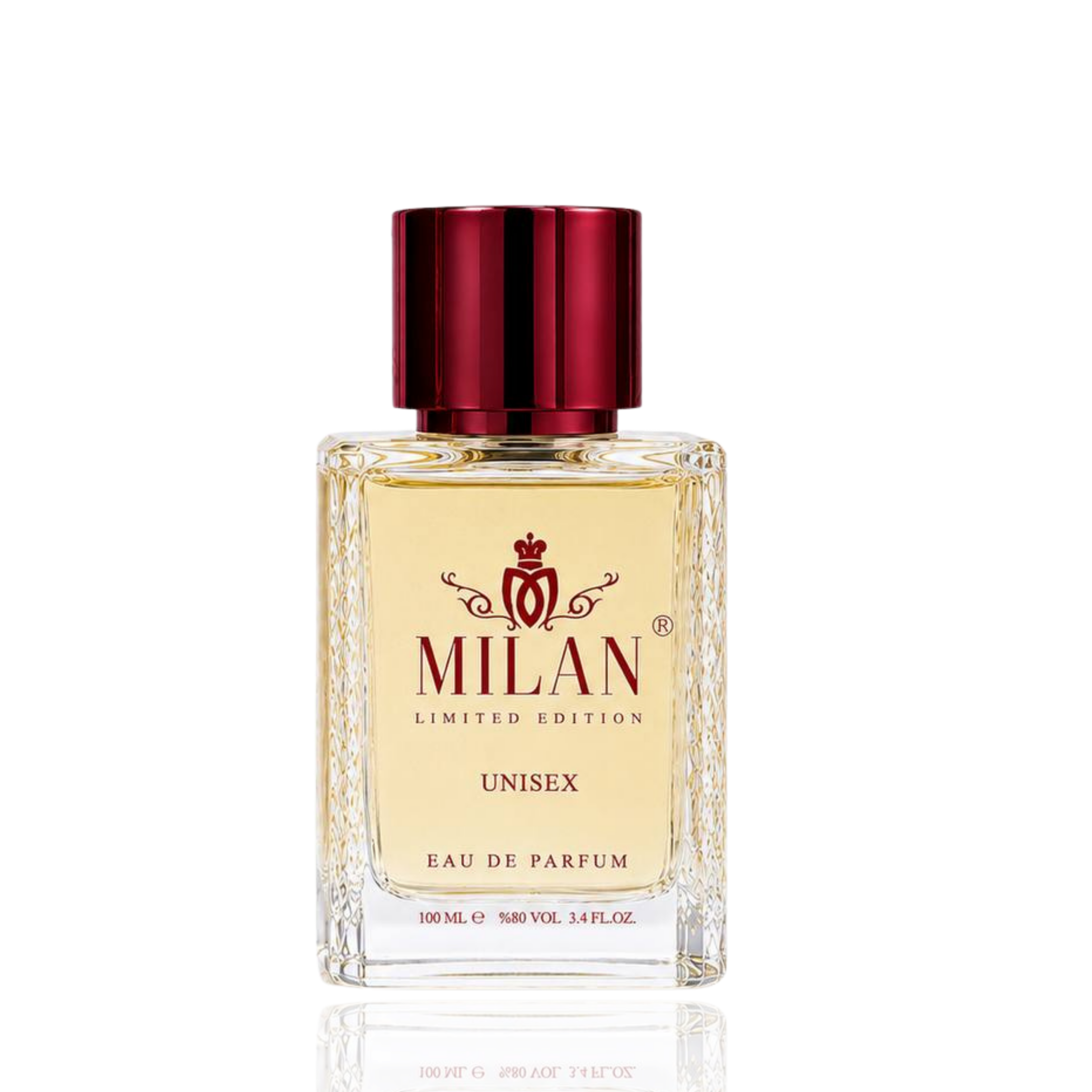 Detaliu flacon Milan Hayati Rebirth Limited Edition apa de parfum, evidențiind eticheta albă cu text auriu și capacul metalic.