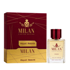 Milan Hayati Rebirth Limited Edition apa de parfum unisex, flacon frontal de 100 ml cu lichid transparent și capac bordo.