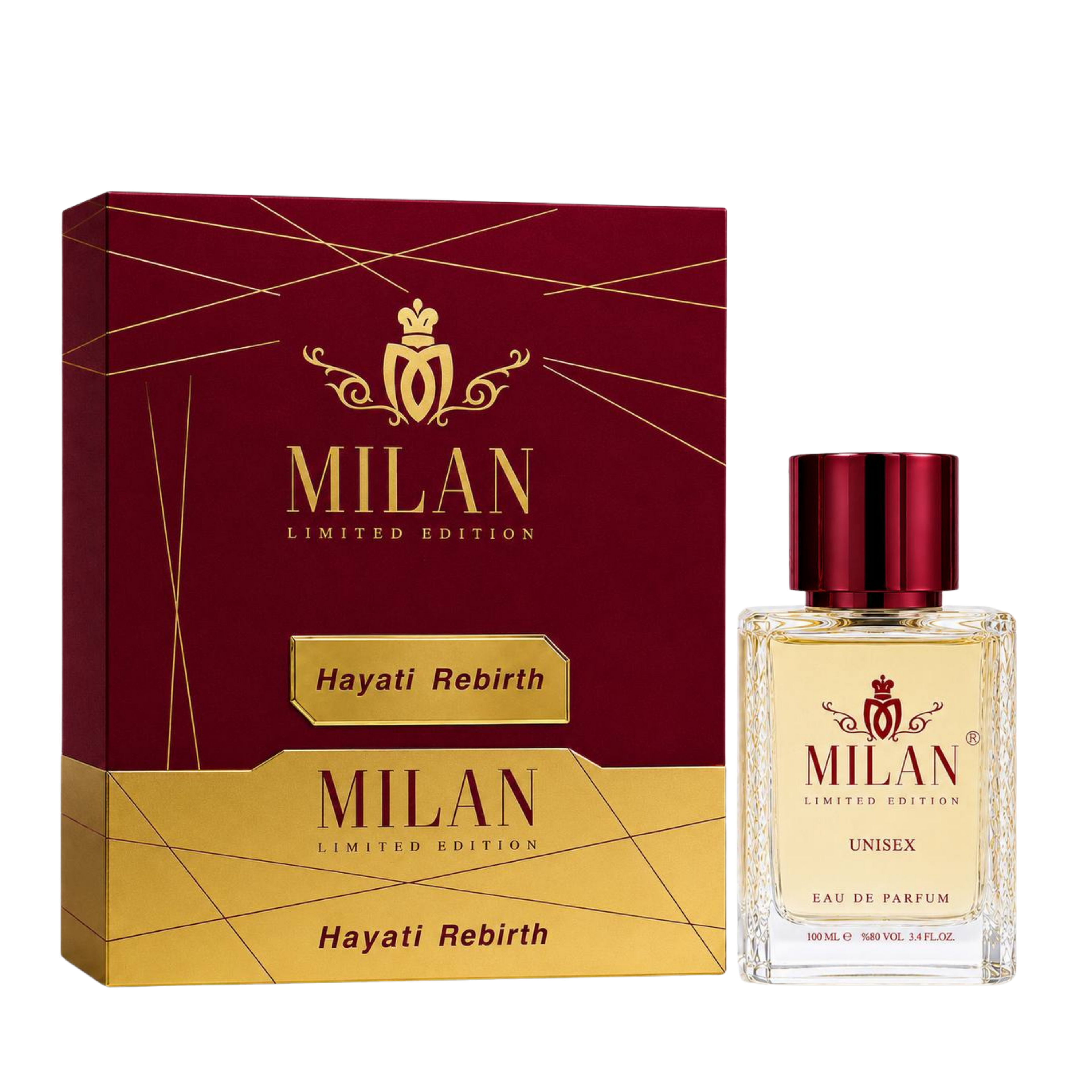 Milan Hayati Rebirth Limited Edition apa de parfum unisex, flacon frontal de 100 ml cu lichid transparent și capac bordo.