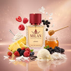 Milan Hayati Rebirth Limited Edition apa de parfum original prezentat alături de zmeură, ananas, frișcă și înghețată de vanilie.