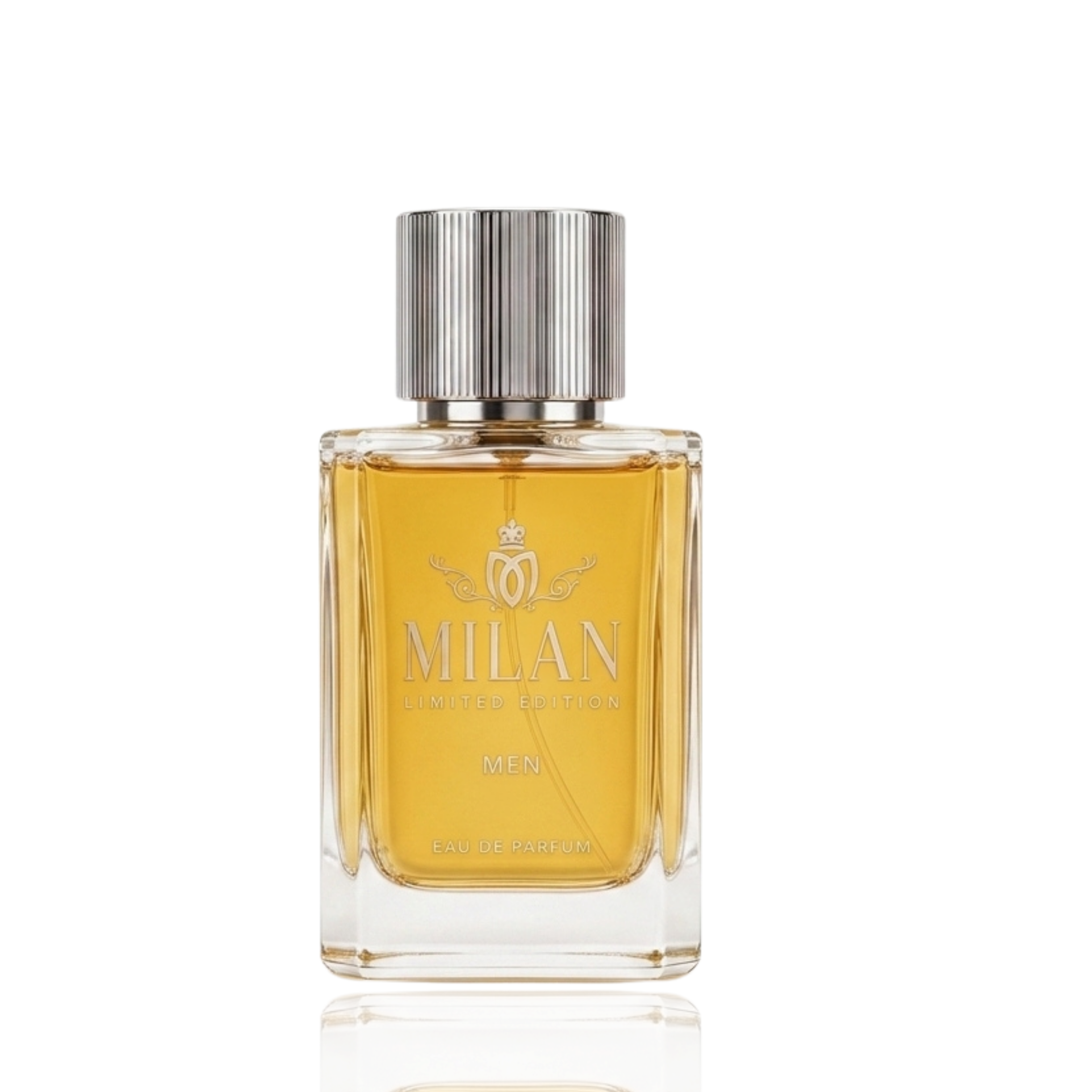 Detaliu flacon Milan Jazz Affair Limited Edition apa de parfum, evidențiind textura sticlei și capacul argintiu cu dungi.