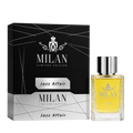 Milan Jazz Affair Limited Edition apa de parfum masculin, flacon frontal de 100 ml cu design elegant și lichid auriu.