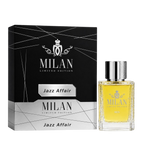 Milan Jazz Affair Limited Edition apa de parfum masculin, flacon frontal de 100 ml cu design elegant și lichid auriu.