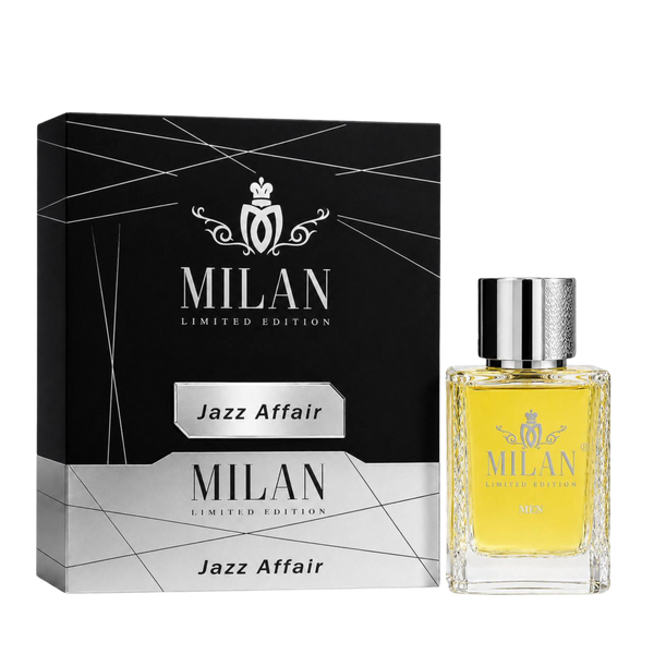 Milan Jazz Affair Limited Edition apa de parfum masculin, flacon frontal de 100 ml cu design elegant și lichid auriu.