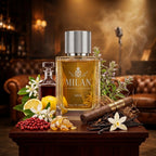 Milan Jazz Affair Limited Edition apa de parfum original prezentat alături de pahar de rhum, frunze de tutun, vanilie și vetiver.