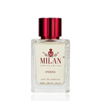 Detaliu flacon Milan Love's Quiet Limited Edition apa de parfum, evidențiind eticheta aurie și capacul metalic.