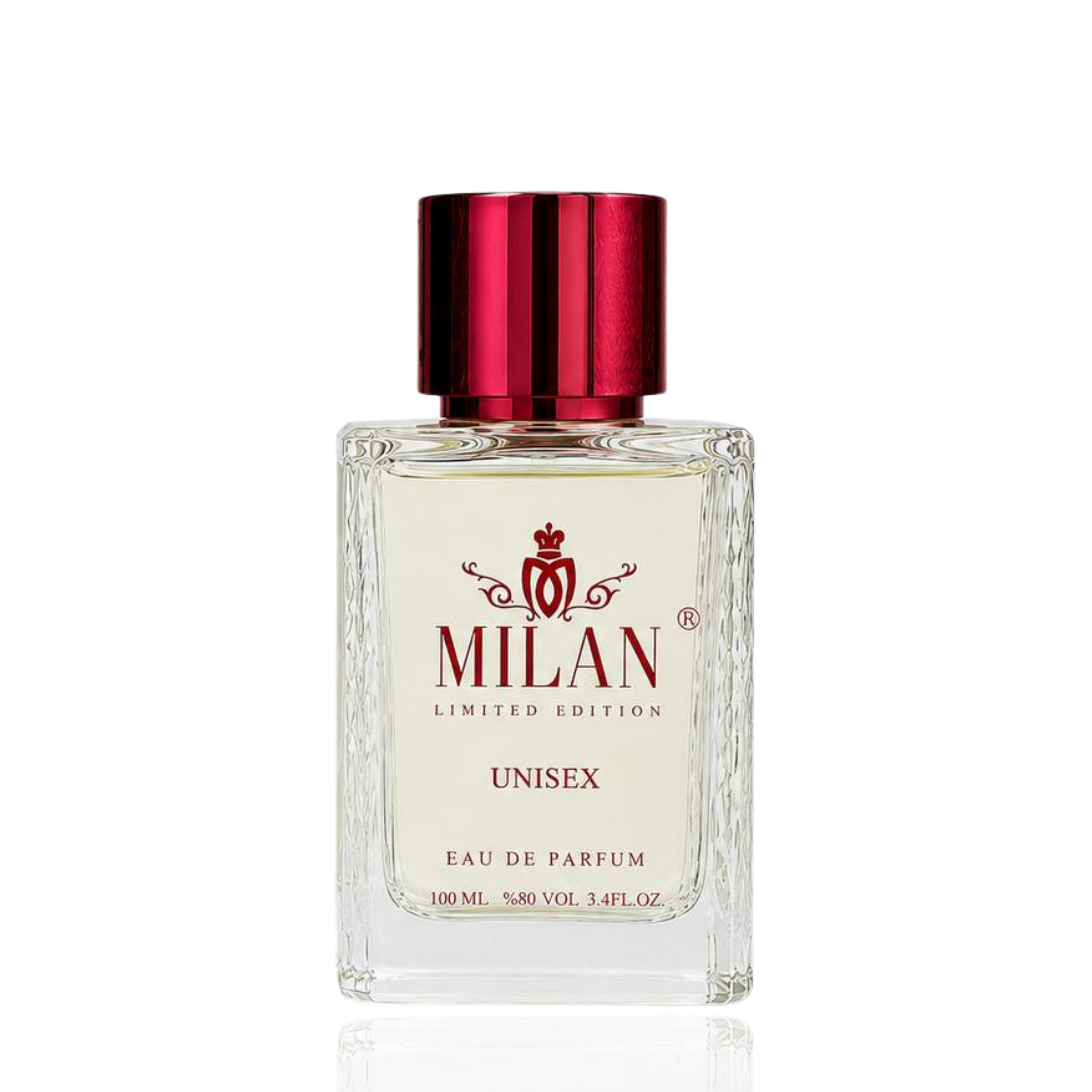 Detaliu flacon Milan Love's Quiet Limited Edition apa de parfum, evidențiind eticheta aurie și capacul metalic.