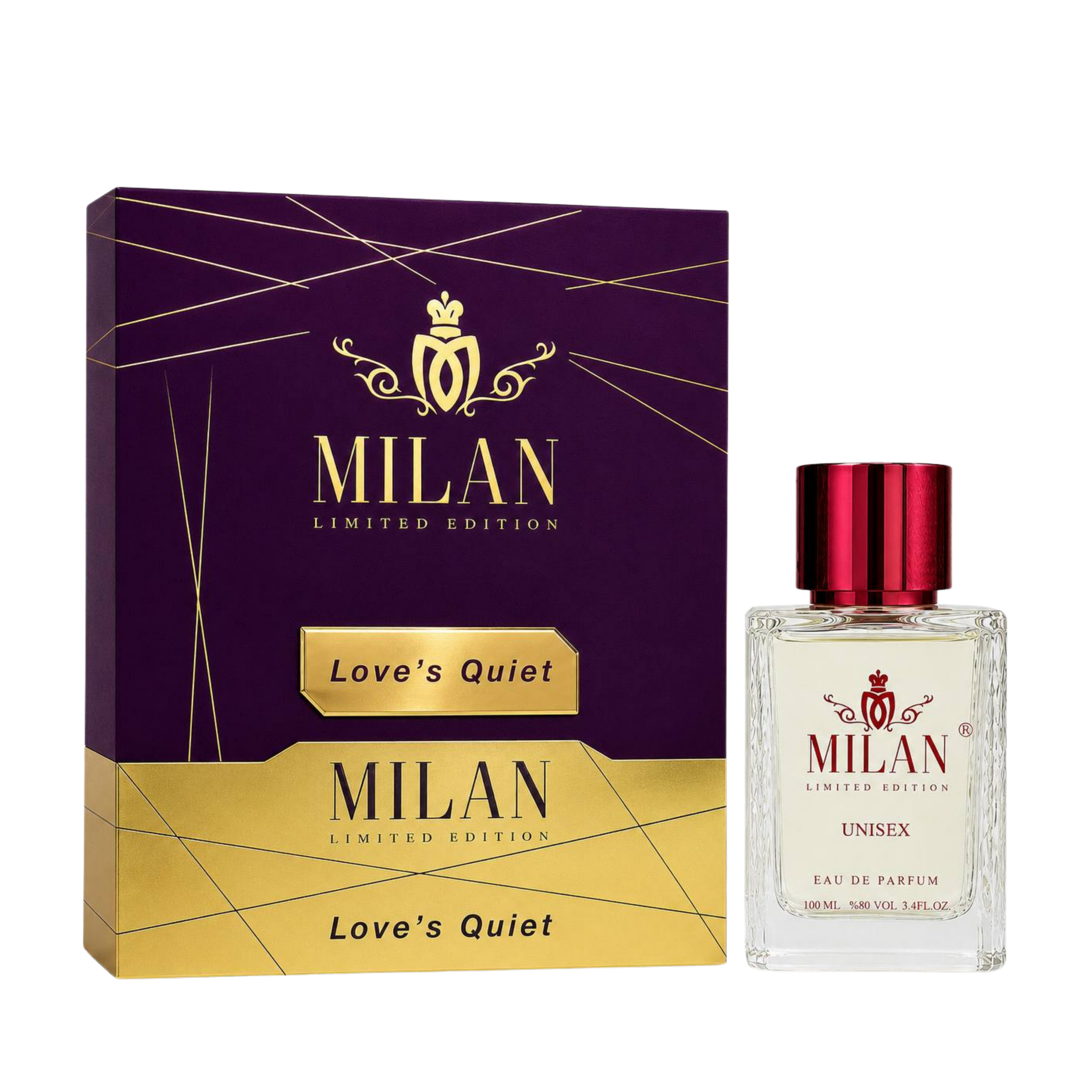 Milan Love's Quiet Limited Edition apa de parfum unisex 100 ml flacon frontal cu capac bordo.