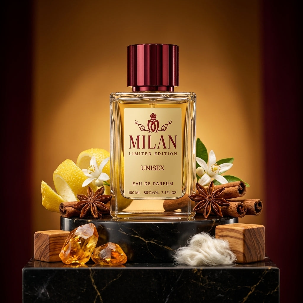 Milan Love's Quiet Limited Edition apa de parfum prezentat alături de lămâie, floare de portocal, mirodenii și chihlimbar.