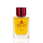 Detaliu flacon Milan Musk Breaker Limited Edition apa de parfum, evidențiind eticheta aurie și capacul metalic texturat.