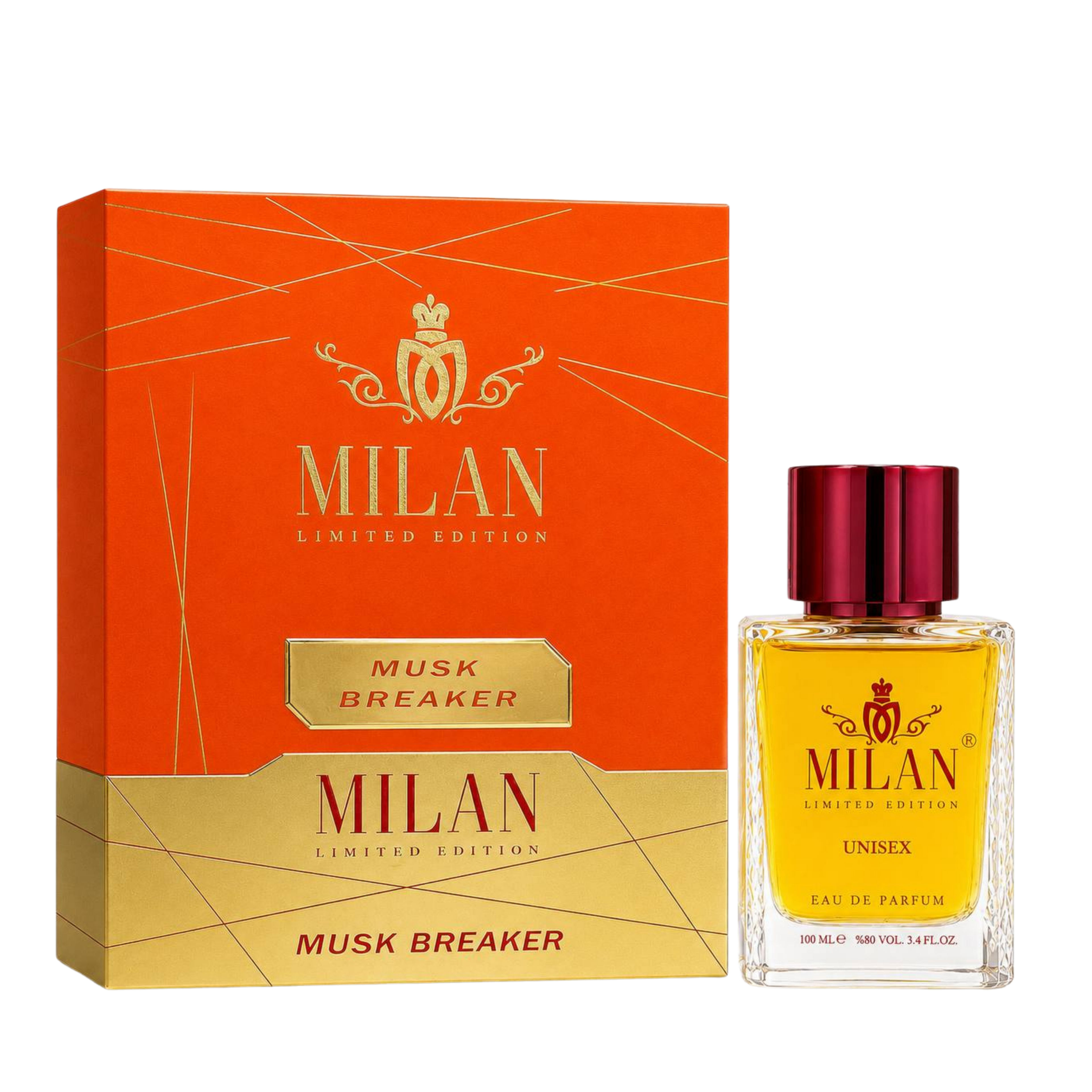 Milan Musk Breaker Limited Edition apa de parfum unisex 100 ml flacon frontal cu lichid galben-chihlimbar și capac bordo.
