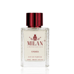 Detaliu flacon Milan Musk Desire Limited Edition apa de parfum, evidențiind eticheta aurie și capacul metalic texturat.