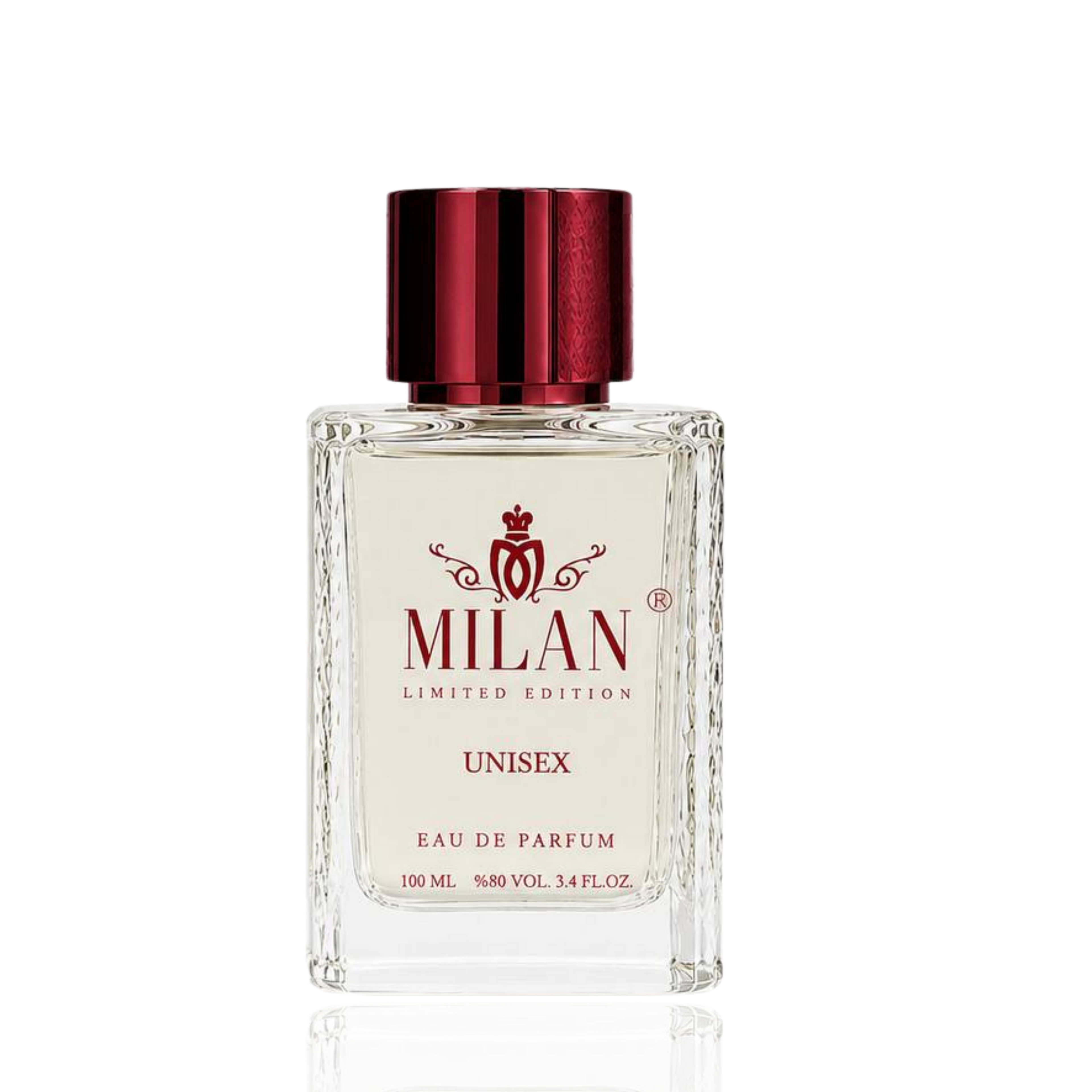 Detaliu flacon Milan Musk Desire Limited Edition apa de parfum, evidențiind eticheta aurie și capacul metalic texturat.
