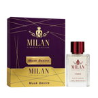 Milan Musk Desire Limited Edition apa de parfum unisex 100 ml flacon frontal cu lichid galben-chihlimbar și capac bordo.