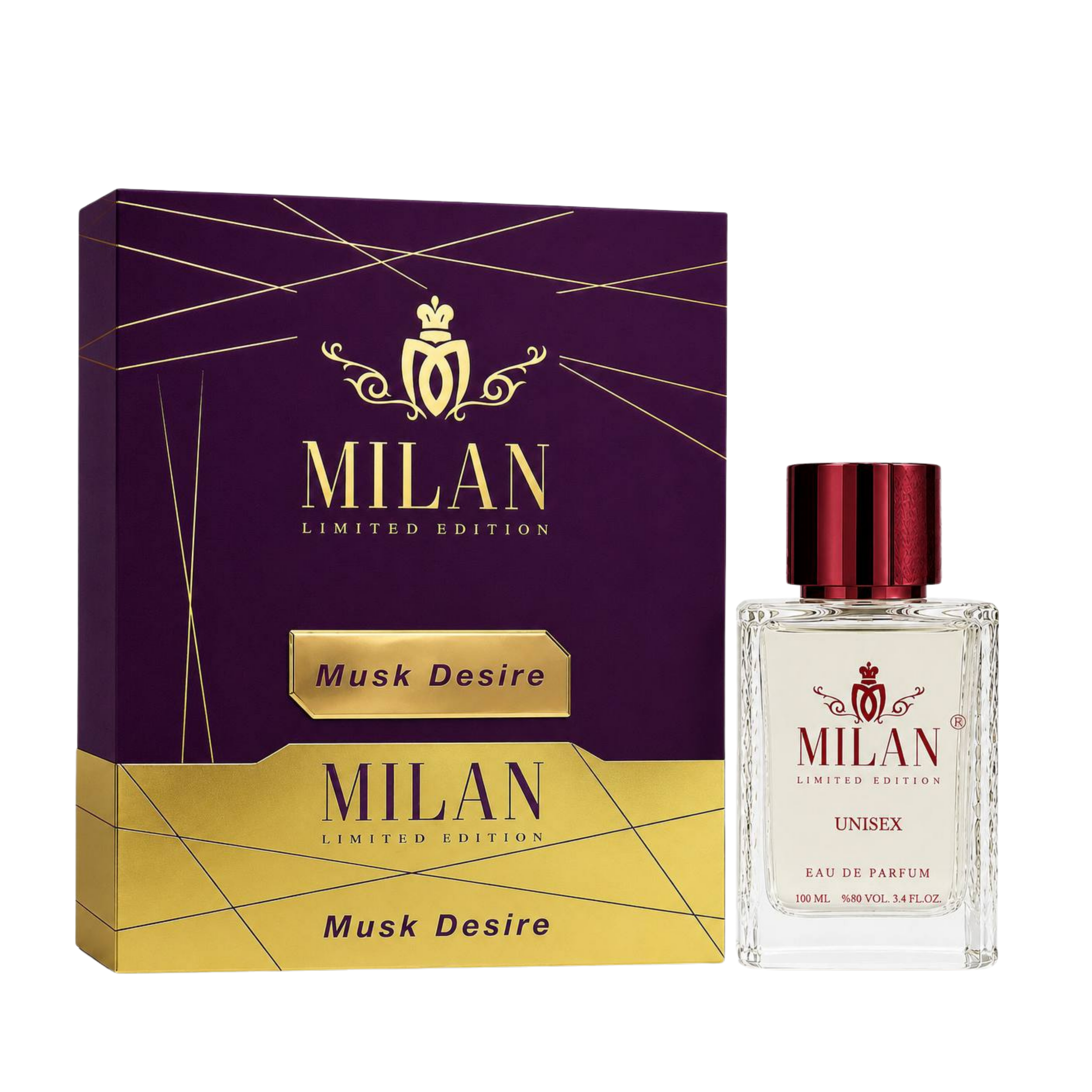Milan Musk Desire Limited Edition apa de parfum unisex 100 ml flacon frontal cu lichid galben-chihlimbar și capac bordo.