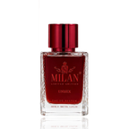 Detaliu flacon Milan Pure Rush Limited Edition apa de parfum, evidențiind eticheta aurie și capacul metalic texturat.