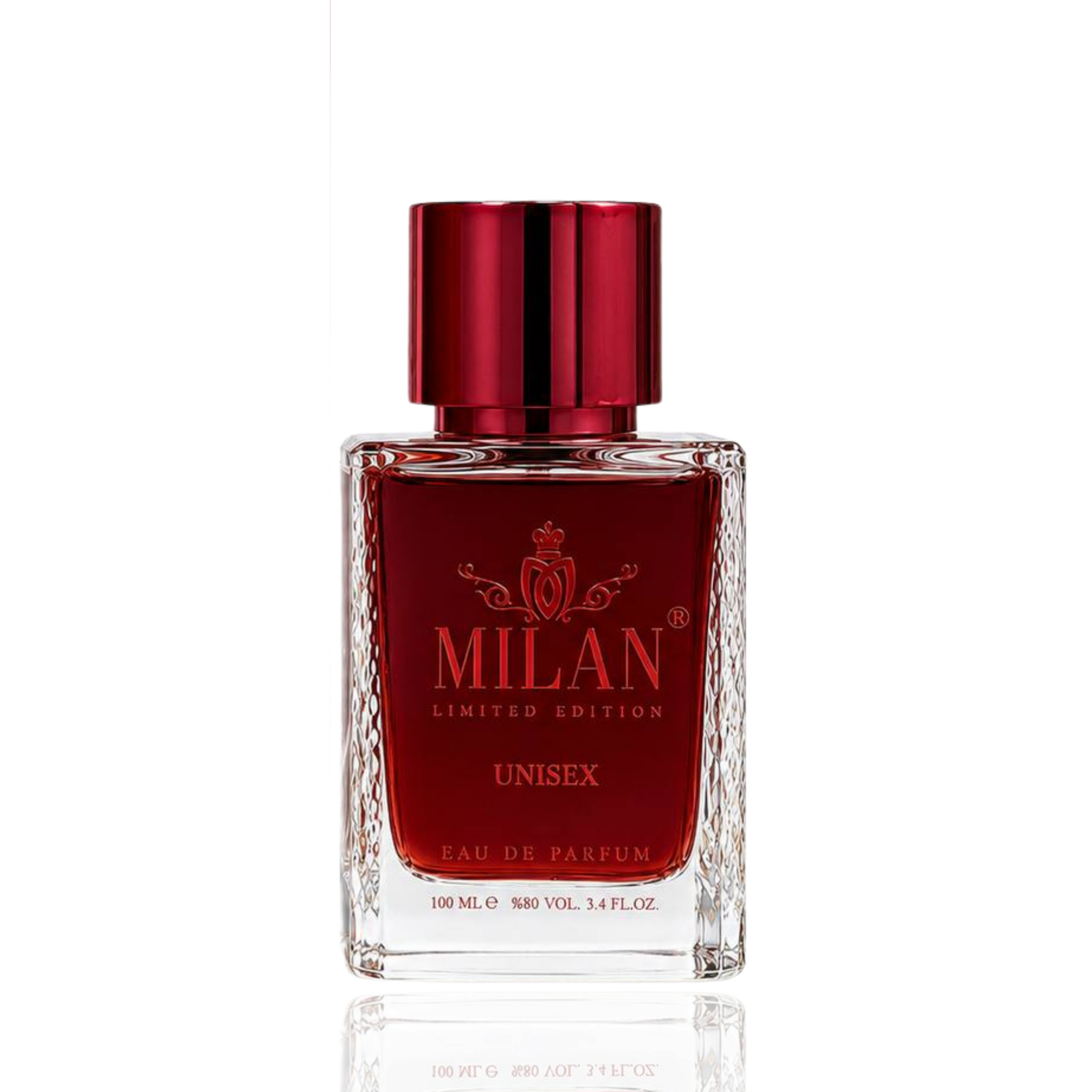 Detaliu flacon Milan Pure Rush Limited Edition apa de parfum, evidențiind eticheta aurie și capacul metalic texturat.