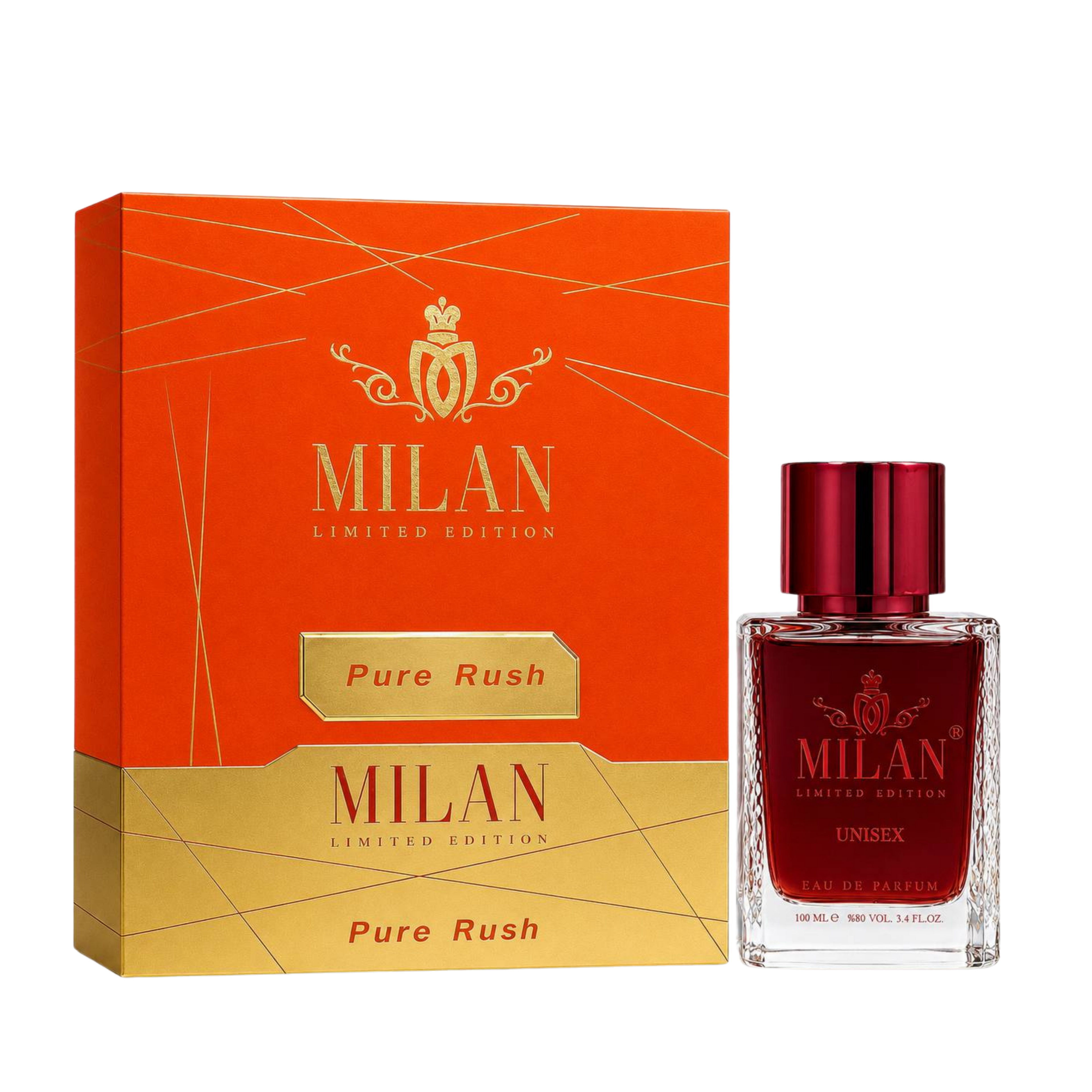 Milan Pure Rush Limited Edition apa de parfum unisex 100 ml flacon frontal cu sticlă roșie și capac bordo.