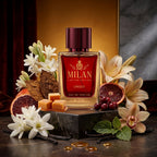 Milan Pure Rush Limited Edition apa de parfum prezentat alături de caramel, frunze de tutun, tuberoză și vanilie.