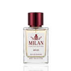 Detaliu flacon Milan Rouge Limited Edition apa de parfum, evidențiind eticheta albă cu logo auriu și capacul metalic.
