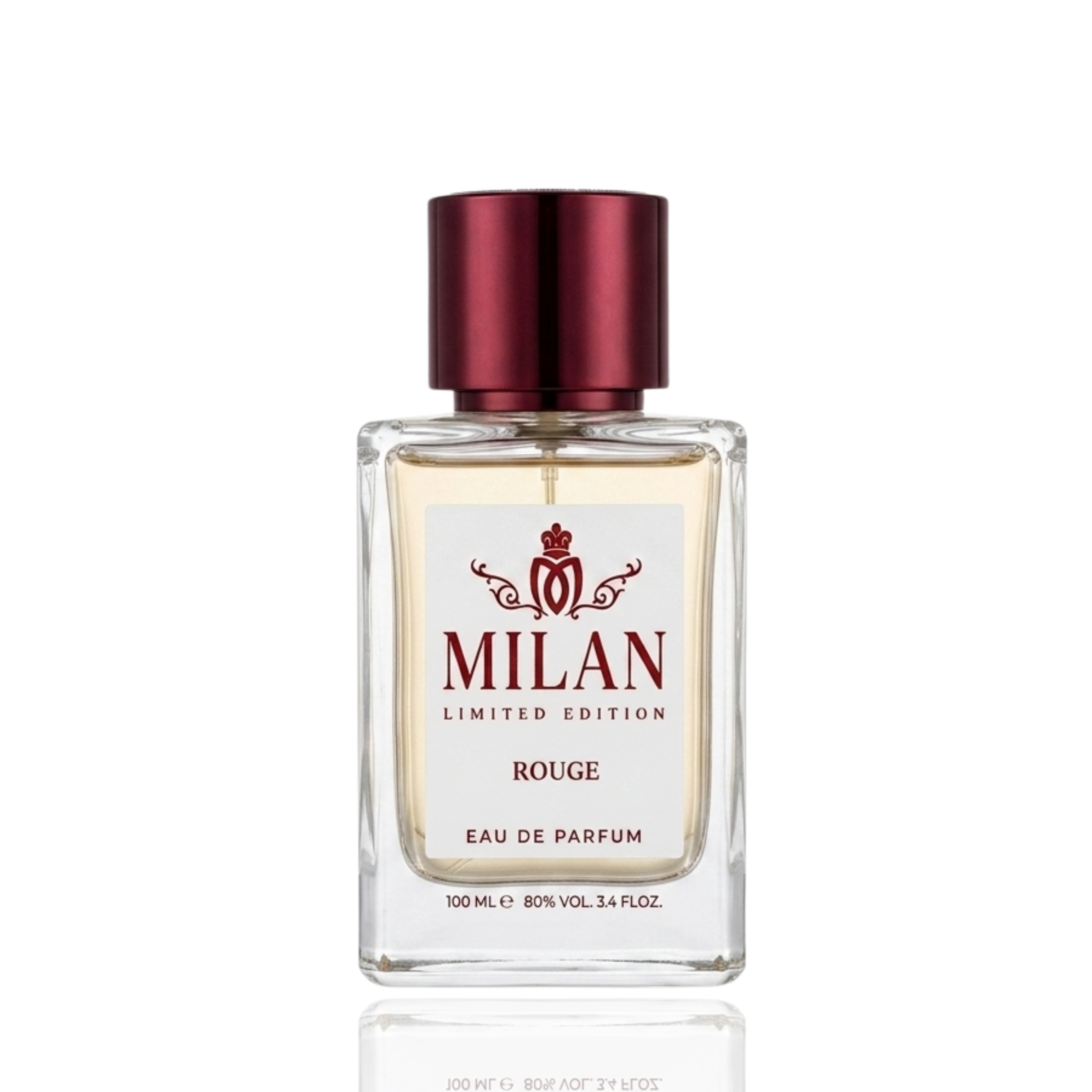 Detaliu flacon Milan Rouge Limited Edition apa de parfum, evidențiind eticheta albă cu logo auriu și capacul metalic.