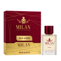 Milan Rouge Limited Edition apa de parfum unisex, flacon frontal de 100 ml cu lichid transparent și capac roșu-bordo.