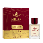 Milan Rouge Limited Edition apa de parfum unisex, flacon frontal de 100 ml cu lichid transparent și capac roșu-bordo.