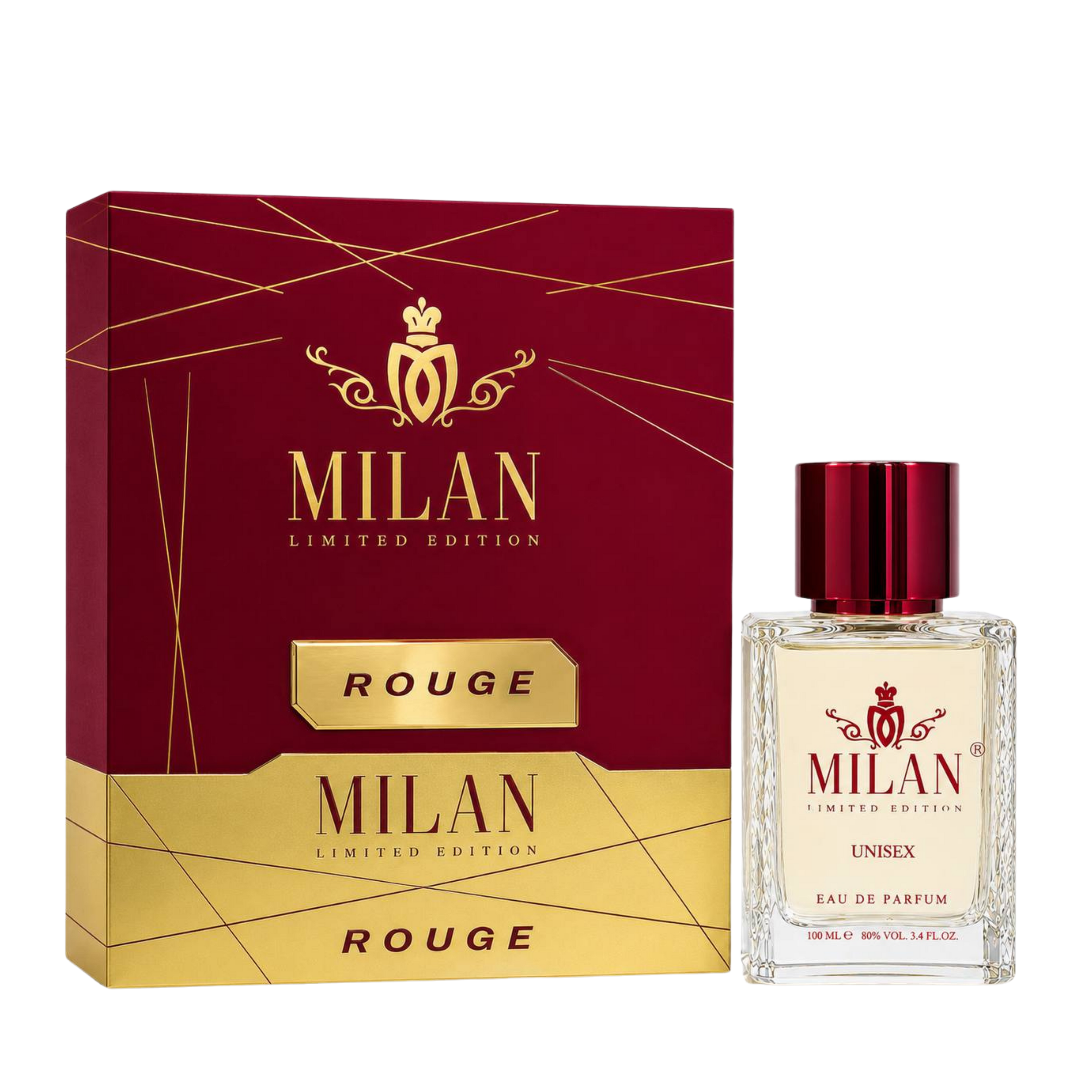 Milan Rouge Limited Edition apa de parfum unisex, flacon frontal de 100 ml cu lichid transparent și capac roșu-bordo.