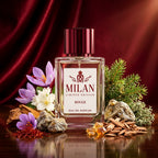 Milan Rouge Limited Edition apa de parfum original prezentat alături de fire de șofran, flori de iasomie și rășină.