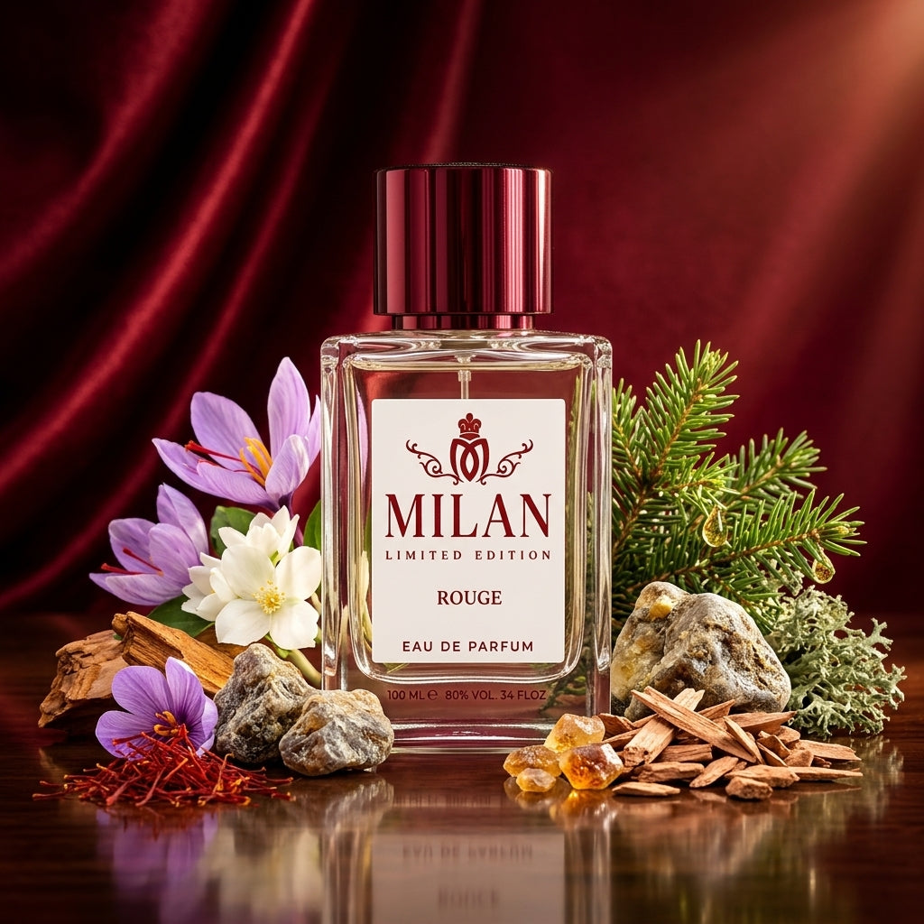 Milan Rouge Limited Edition apa de parfum original prezentat alături de fire de șofran, flori de iasomie și rășină.