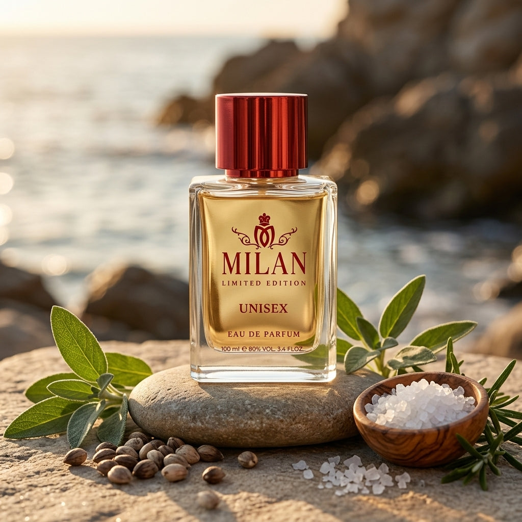 Milan Salted Air Limited Edition apa de parfum prezentat alături de semințe de ambretă, sare de mare și salvie.